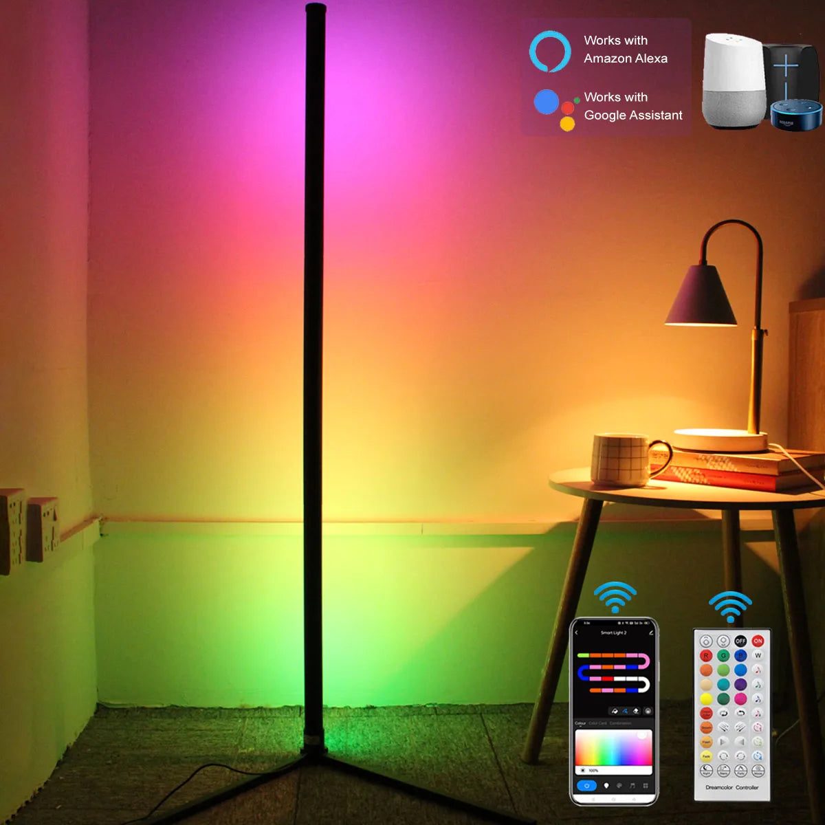 160cm Dimmable RGB Smart Tuya Corner Floor Lamp LED Modern Mood Lighting Alexa Stand Light for Bedroom Gaming Living Room Decor