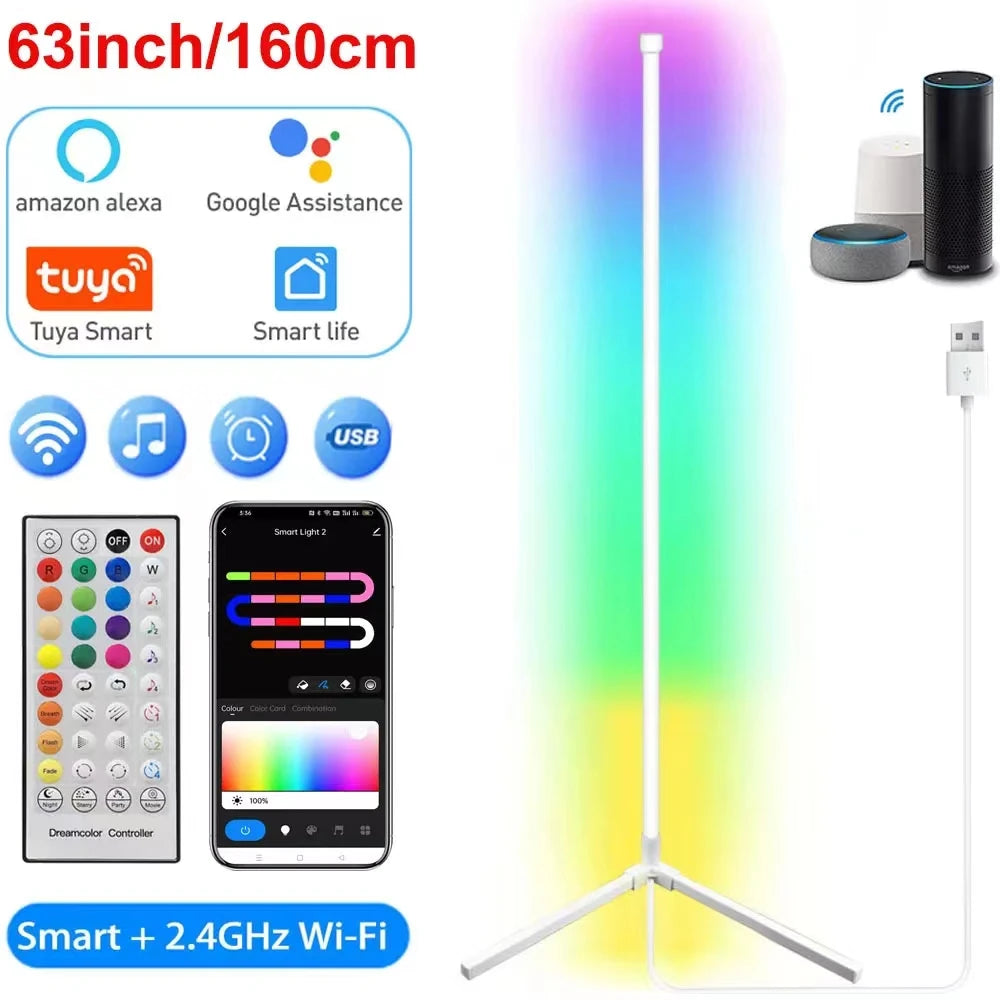 160cm Dimmable RGB Smart Tuya Corner Floor Lamp LED Modern Mood Lighting Alexa Stand Light for Bedroom Gaming Living Room Decor