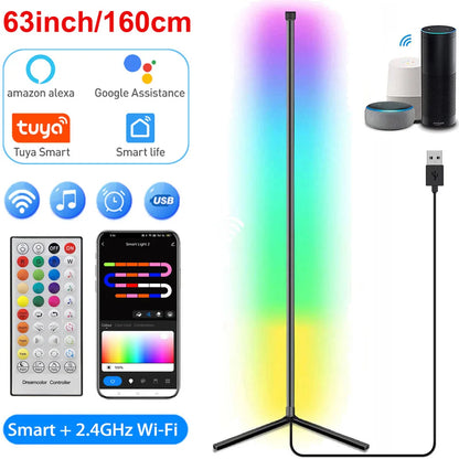 160cm Dimmable RGB Smart Tuya Corner Floor Lamp LED Modern Mood Lighting Alexa Stand Light for Bedroom Gaming Living Room Decor